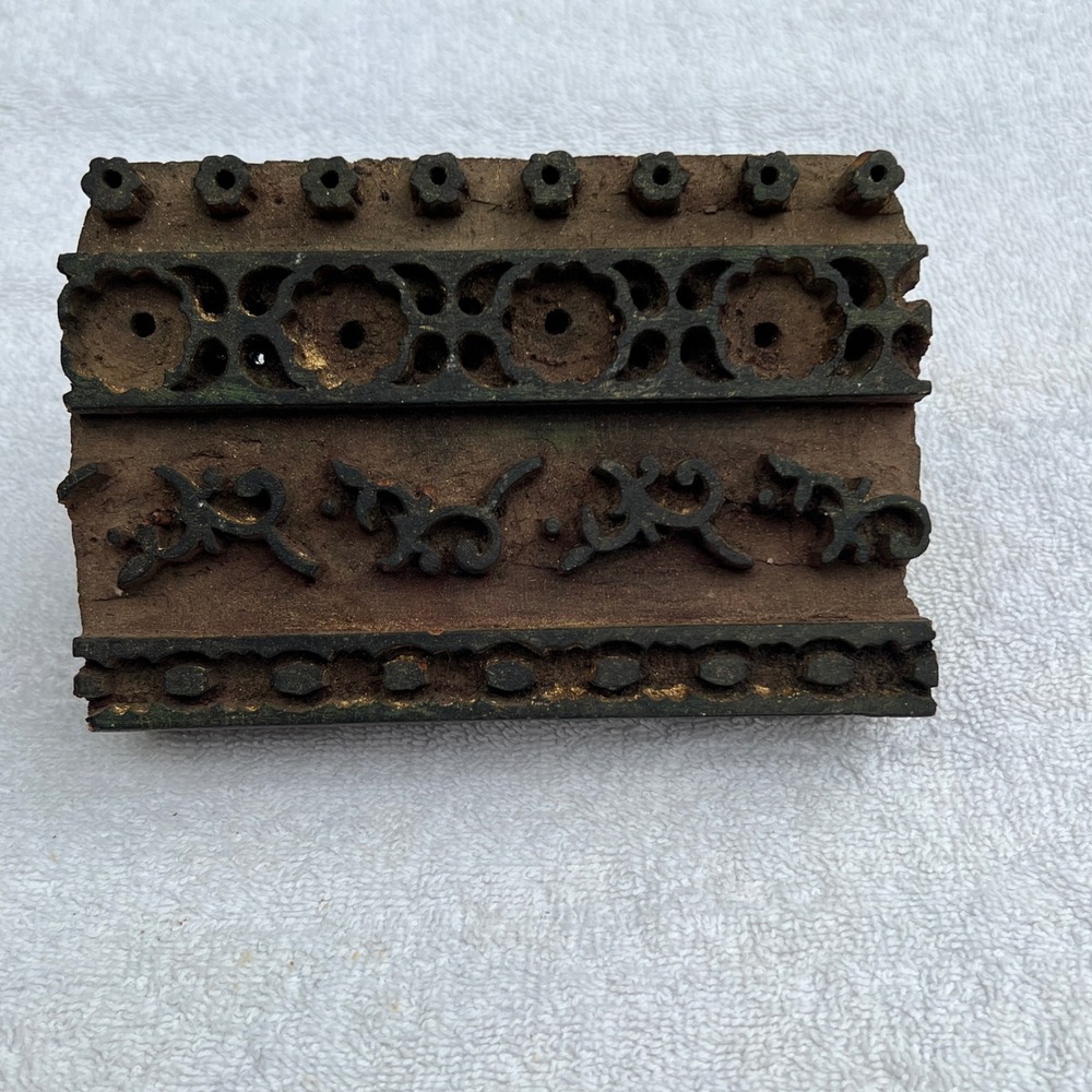 VTG HandCarved Wood Textile Block Print Stamp Floral Scroll Border Pattern India